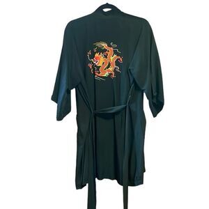 90s Vintage Silver Lake Embroidered dragon kimono style robe Black Medium